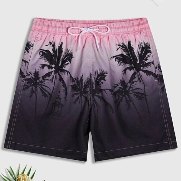 Black & Pink Vacation Style Men's Coconut Tree Print Swim Trunks - Picture 1 of 3